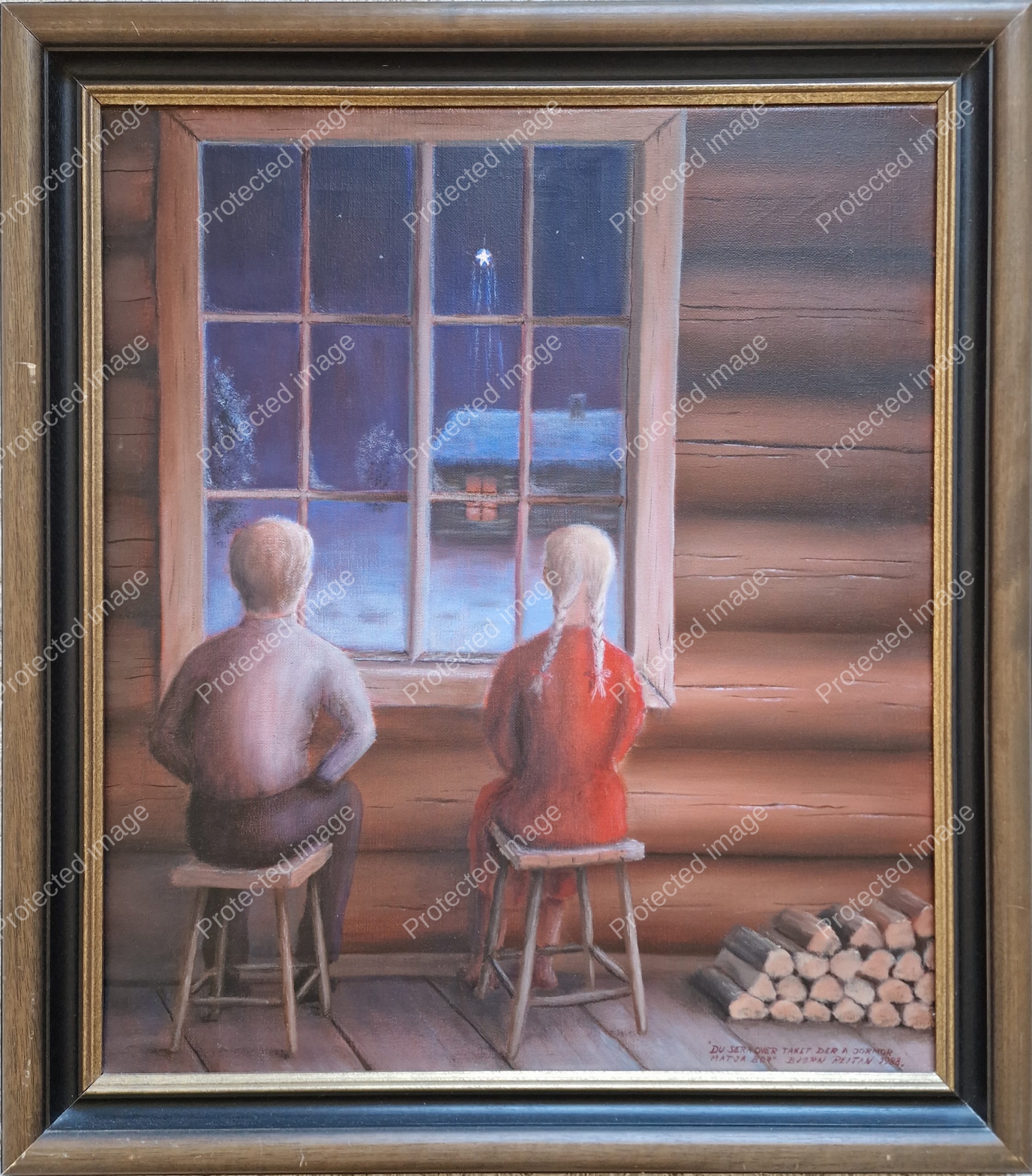 "Du ser a over taket der a jordmor Matja bor" Orginal oljemaleri 55x64 cm